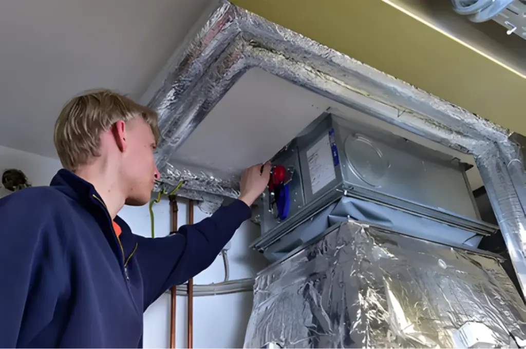 Ein Mann führt die Wartung einer Brandschutzklappe durch